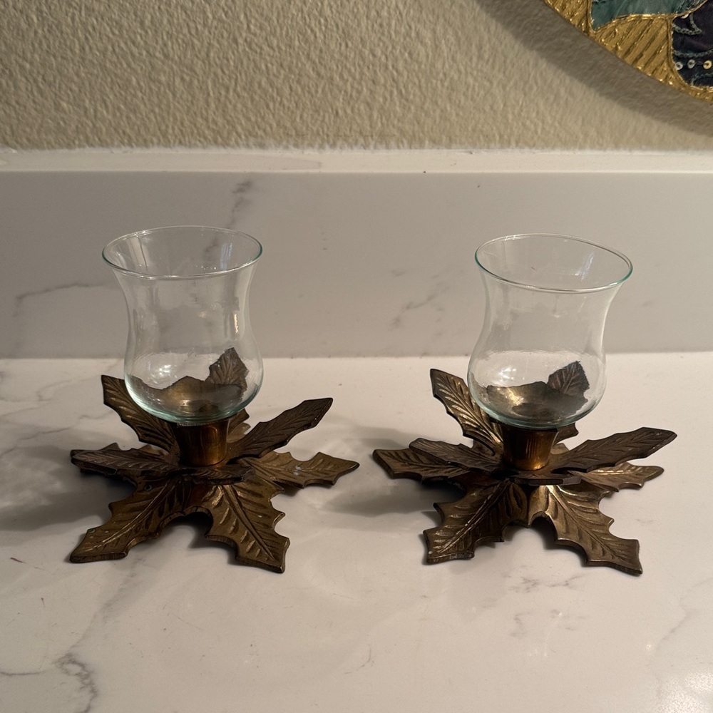 Vintage Brass Holly  Candle Holders Set of 2